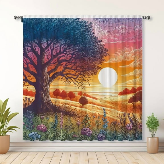 Modern Simple Curtains, Big Tree Sunset Print Blackout Curtains, Suitable For Room Bedroom Decoration(Rod pocket)