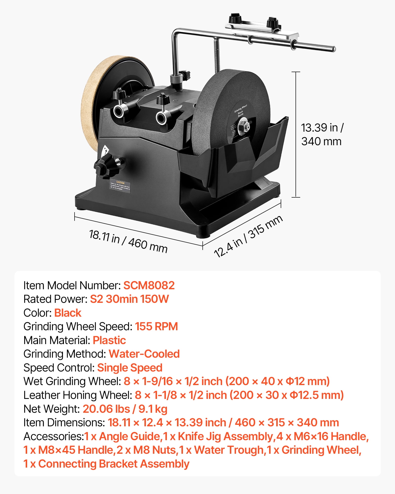 VEVOR 8-Inch Wet Sharpening System, Water-Cooled Knife Grinder Machine with 155 RPM Grinding Speed, Vertical/Horizontal Two-Direction Wet Stone Grinder, Wet Bench Grinder for Knife, Chisel, Knife,Axe