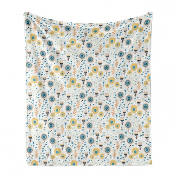 Floral Soft Flannel Fleece Throw Blanket, Doodle Style Flowers Botanical, Cozy Plush for Indoor and Outdoor Use, 60" x 80", White Multicolor, by Ambesonne