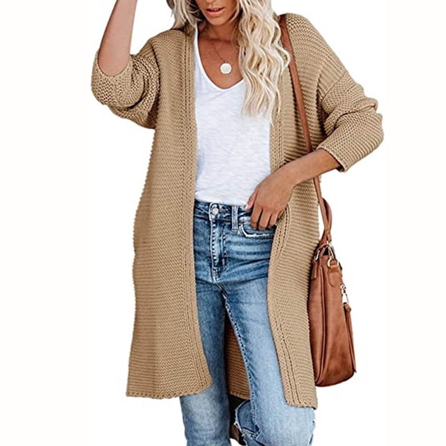 Qetyuw Womens Mid Length Cardigan Sweaters Oversized Knit Long Sleeve Open Front Cardigans Solid Casual Coat