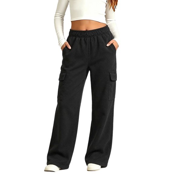 Efsteb Girls Sweatpants Kids Wide Leg Cargo Pants Solid Color Baggy Sweat Pants Teen Joggers Casual Trousers with Pockets (Black,7-8Years)