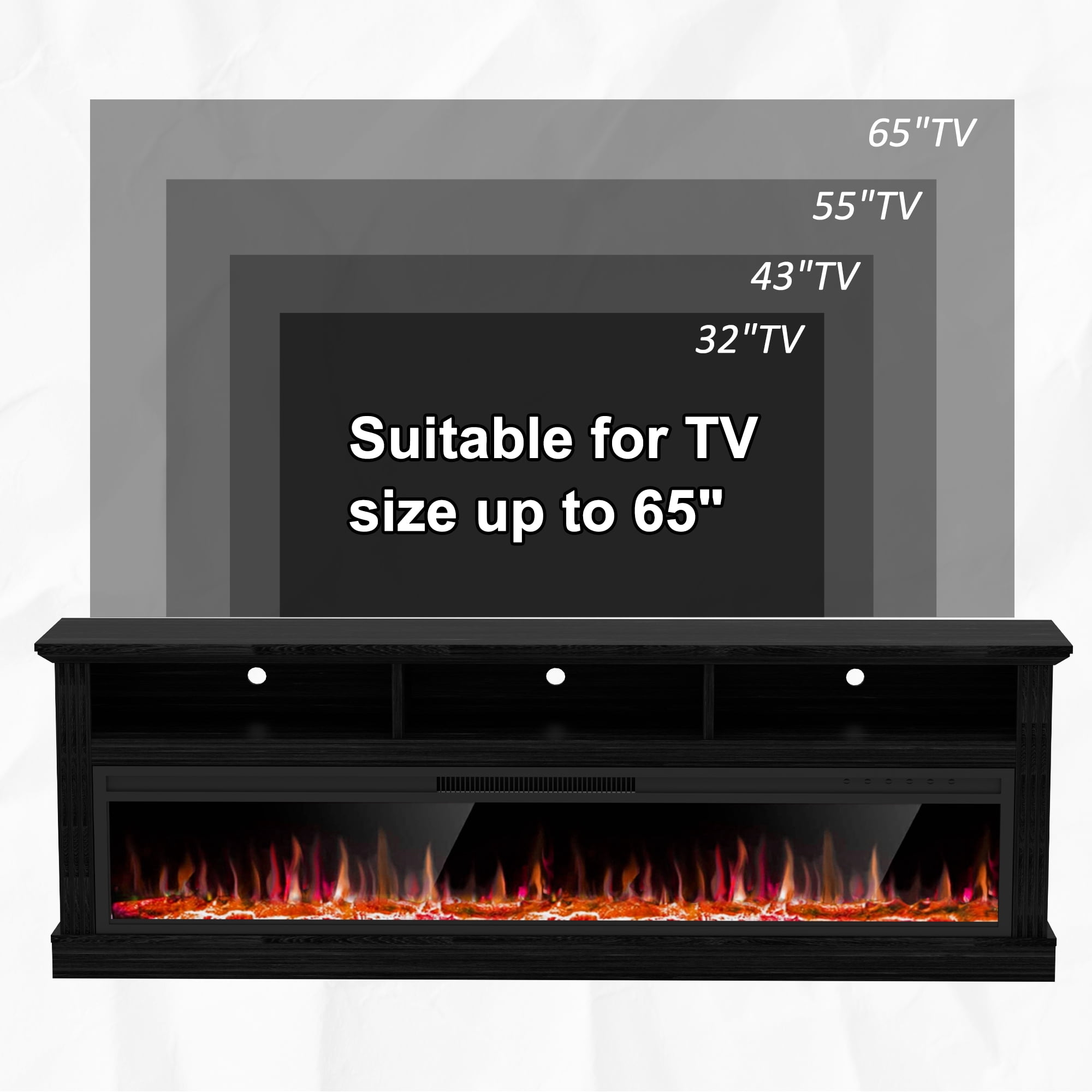 HARIPUL 58" Fireplace TV Stand for TVs Up to 65" with 52" Electric Fireplace,White Entertainment Center with Storage Cabinets,Led Light TV Consoles for Living Room,Black/Log Fireplace
