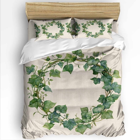 Spring Plant King Size Comforter Set, Green Circle Flower Linen Texture Soft Bedding for All Seasons, 4 Pcs Bed Set with 1Comforter (90"x106") ,1 Sheet(94"x116"), 2 Pillowcases (19"x35")