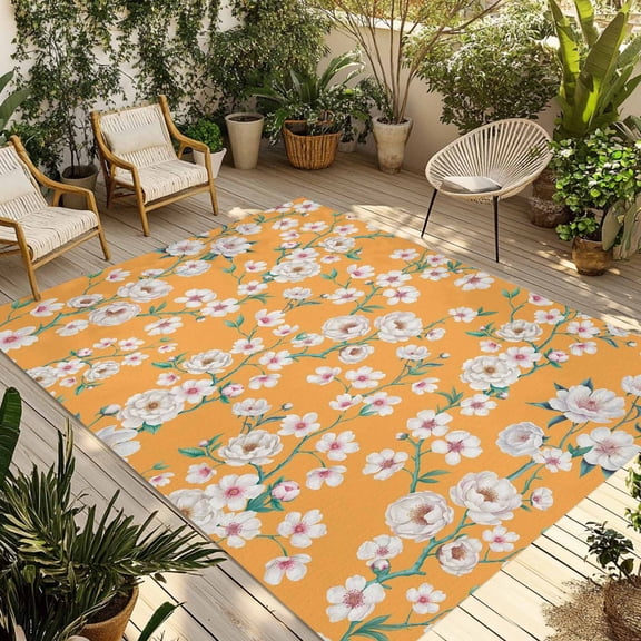 Spring Botanical Outdoor Rug for Patio/Deck/Porch, Non-Slip Large Area Rug 4 x 6 Ft, Watercolor Floral Flowers Botanical Yellow Indoor Outdoor Rugs Washable Area Rugs, Camping Rug Carpet Runner