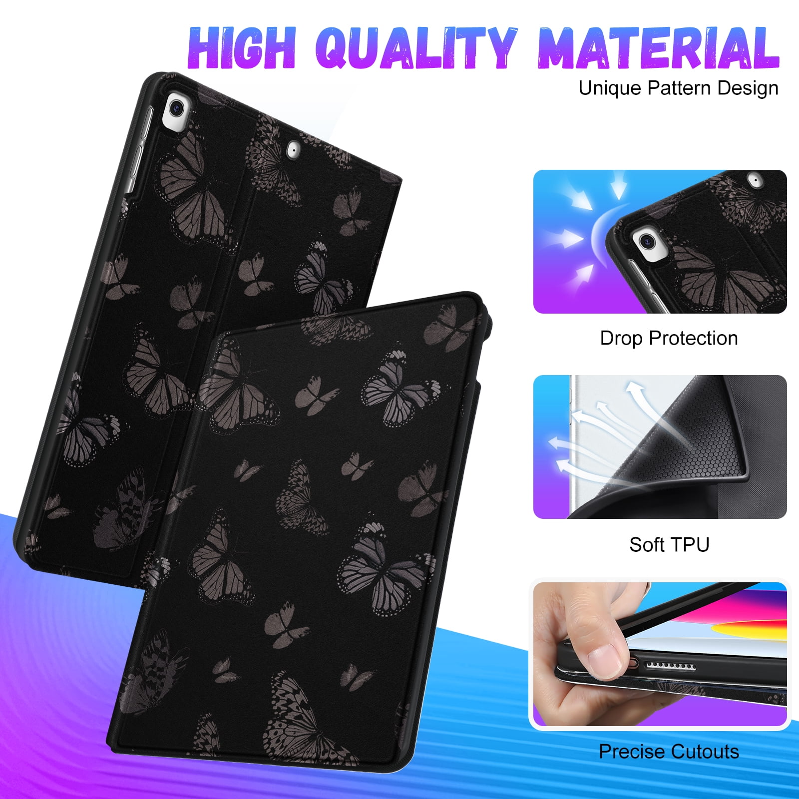 Gemfits Case for iPad 7/8/9 - Flexible Soft TPU Stand Back Cover with Pencil Holder, Auto Sleep/Wake, Black_Butterfly