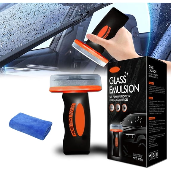 Qifor Glass Cleaner, 100ml Roll-On Glass Compound with Cleaning Board, Removes Oil Film and Smudges, Improves Windshield Clarity for Safe Driving