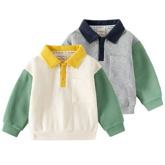 Godderr Toddler Boys Lapel Sweatshirt Baby Polo Button down Knit Blouse Autumn Casual Pullover Sweatshirt with Buttons 1-6T