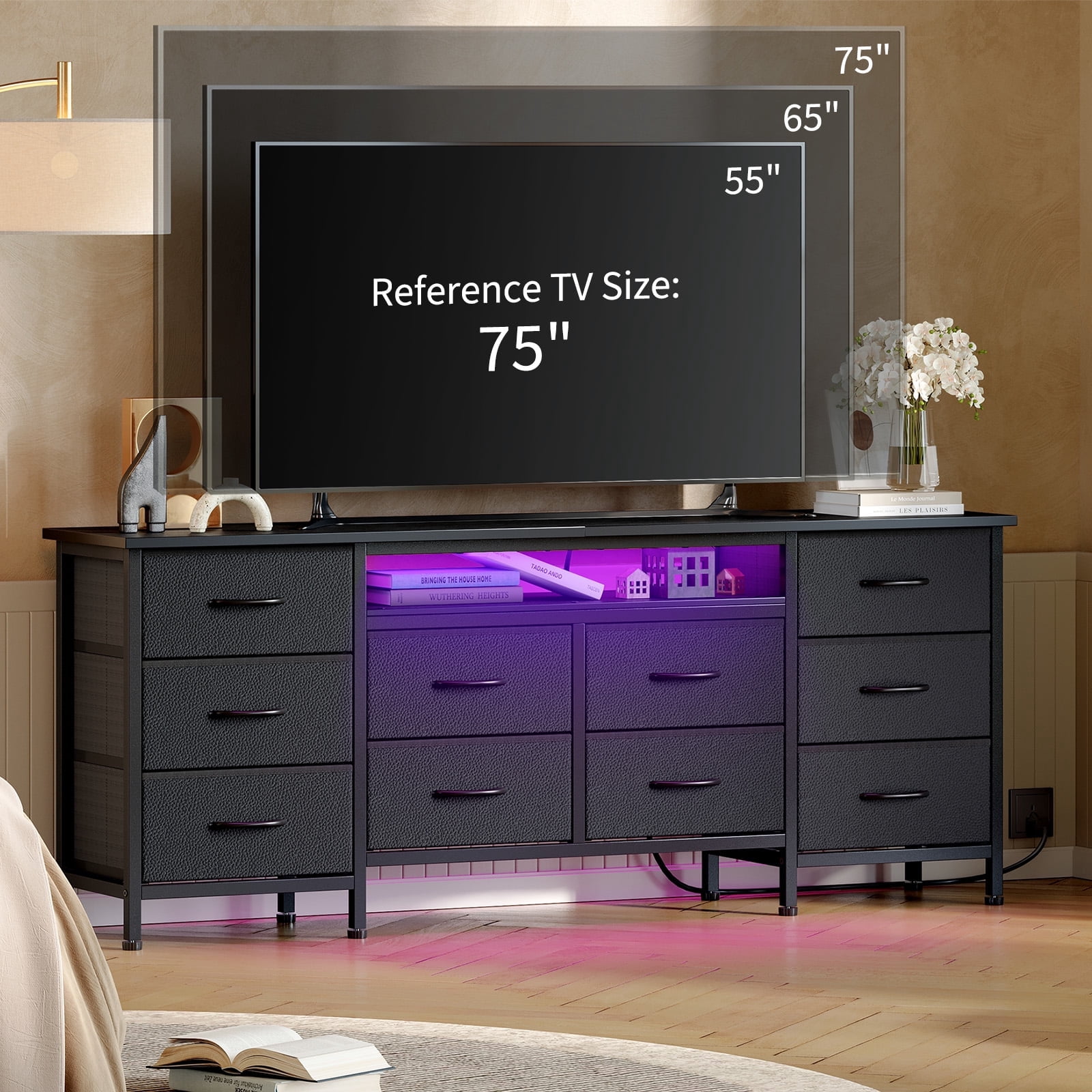 Kicctian 63" Wide Black Dresser with 10 Fabric Drawers Dresser with LED Lights and Power Outlet – Dresser for Bedroom & TV Stand for Living Room,Black