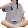 thumbnail image 3 of Conjunto de pijamas para mujer, lindo patrón de dibujos animados, manga corta, cuello redondo, top y pantalones cortos casuales, ropa de descanso de verano, azul XL, 3 of 8