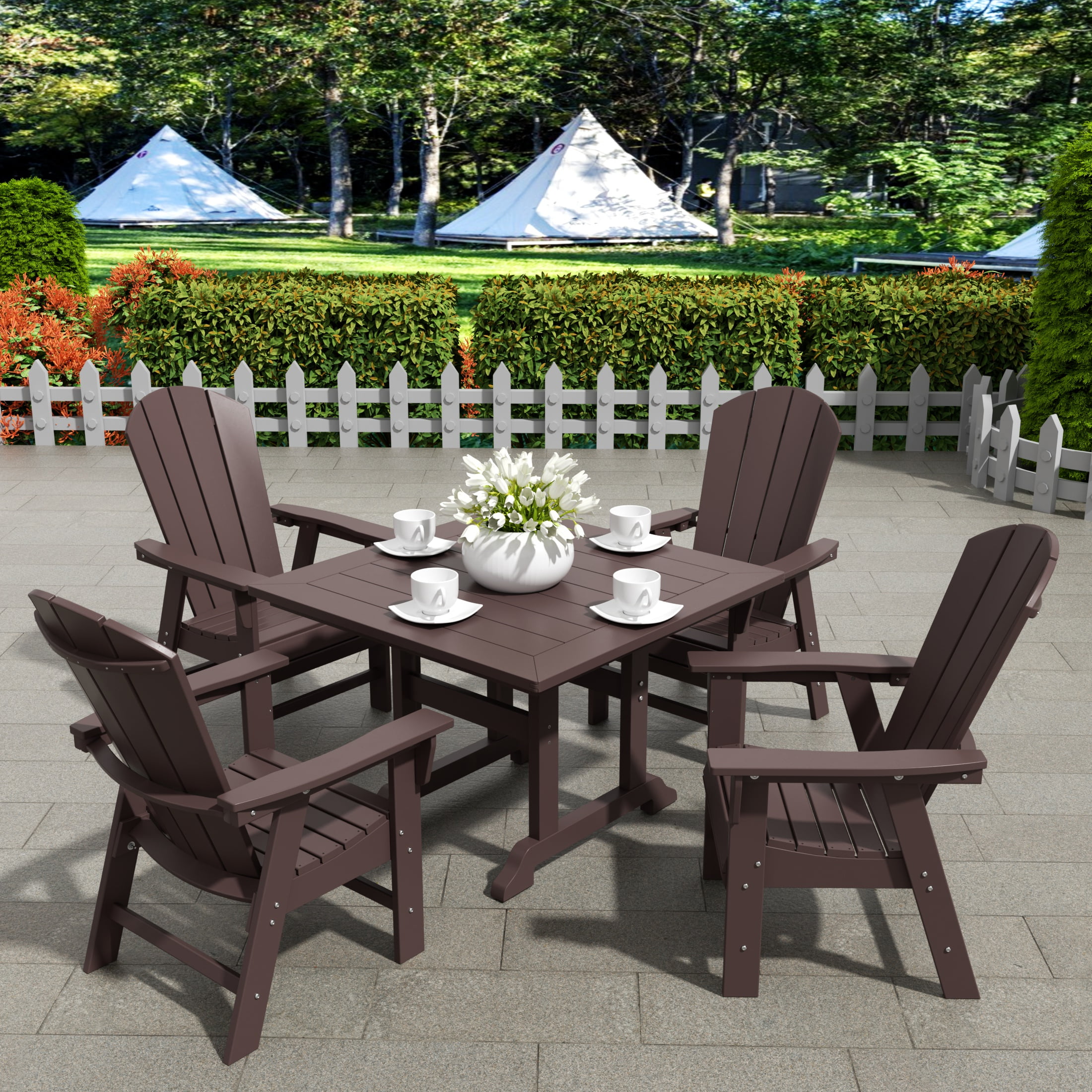 WestinTrends Malibu 5 Piece Adirondack Outdoor Dining Set, All Weather Poly Lumber Patio Table and Chairs Furniture Set, 43" Trestle Square Dining Table and 4 Adirondack Dining Chair, Dark Brown