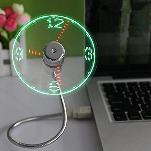 Ventilador de reloj USB con LED y función de visualización en tiempo real, ventiladores de reloj USB, plateado (reloj)