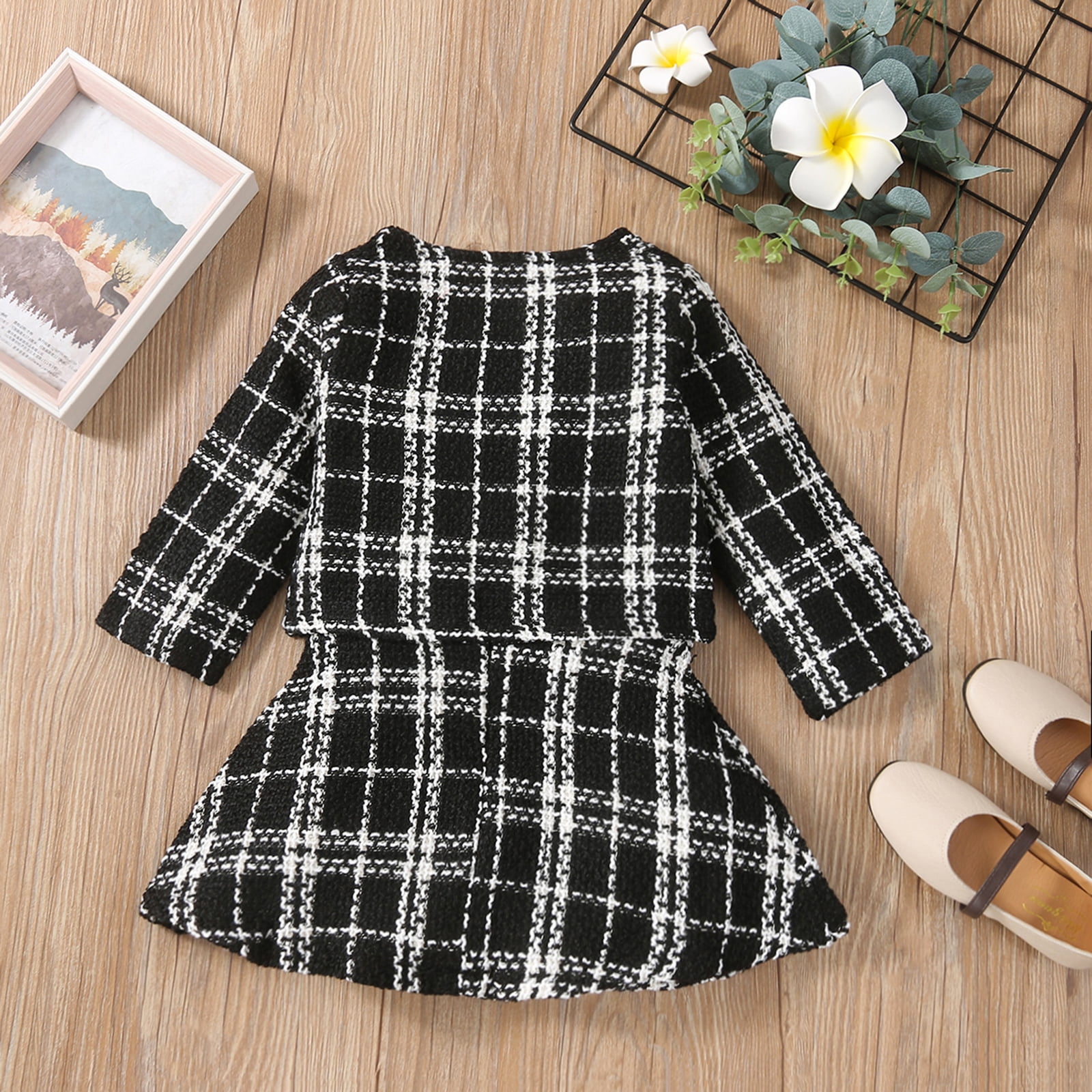 Kid Girl Plaid Ribbed Splice Long Puff-sleeve Dress