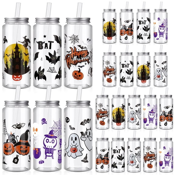 HEQUSIGNS 24 Packs Halloween Plastic Tumbler with Lid and Straw, 13.5 oz Christmas Plastic Tumblers with Lids and Straws Bulk for Halloween Ghost Decorations, Reusable Cups for Halloween Party