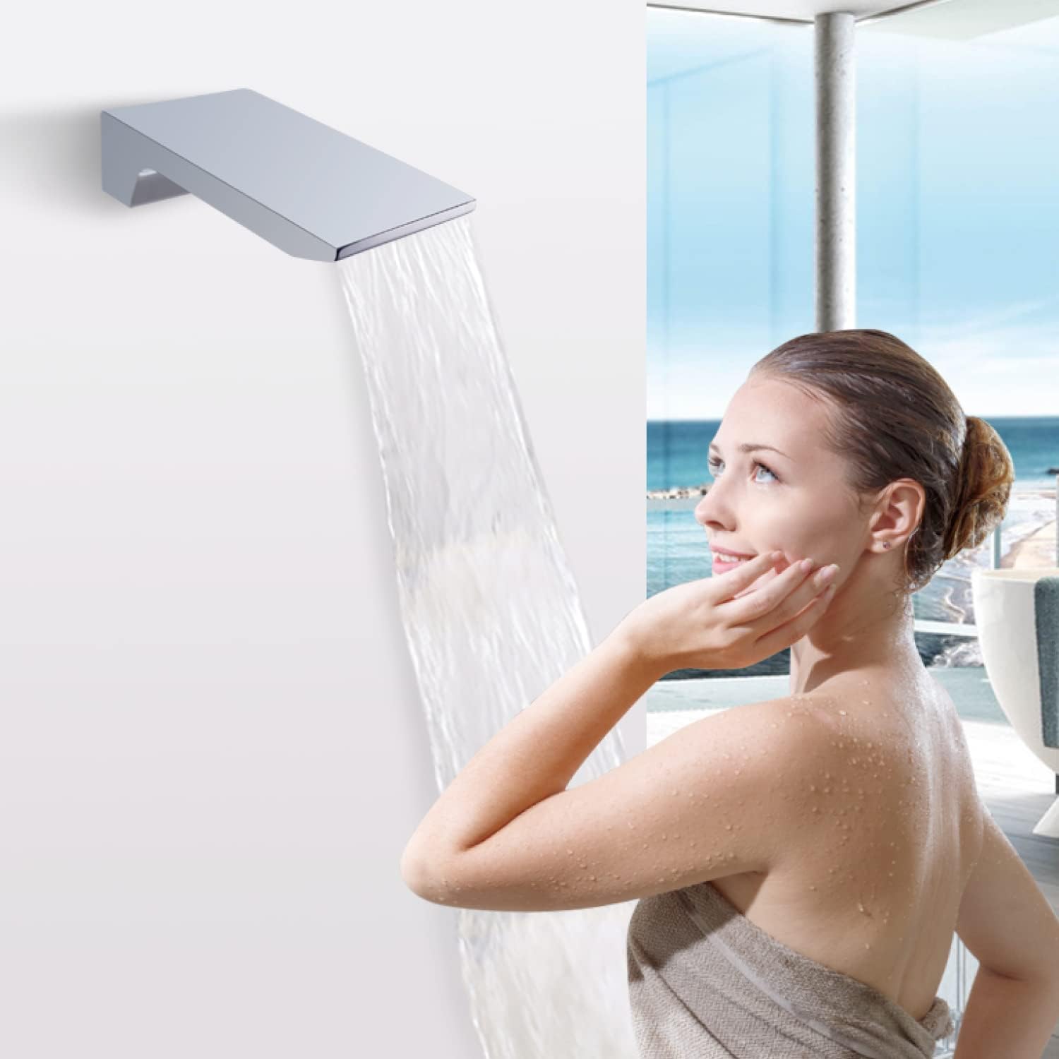 ABCISI Waterfall Tub Spout, Wall Mount Waterfall Bathroom Bathtub Tub Faucet Replacement, Roman Tub Filler Faucet Stainless Steel Solid Bath Tub Sprayer, High Flow Shower Spout, Chrome