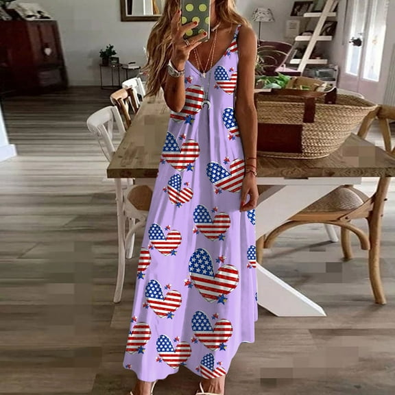 Fartey Womens Independence Day Dresses 2025 Trendy Stars Stripes Sleeveless Spaghetti Straps Maxi Dress 4th of July Patriotic Sundress Purple L