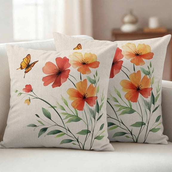 Pack of 2 Outdoor Pillow Covers 20x20 Inch Waterproof Orange Red Flowers Throw Pillow Covers,Decorative Couch Pillow Shams Protectors Farmhouse Pastoral Botanical Patio Pillowcases Cushion Covers