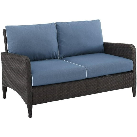 Afuera Living Transitional Outdoor Patio Wicker Loveseat in Brown/Cool Blue