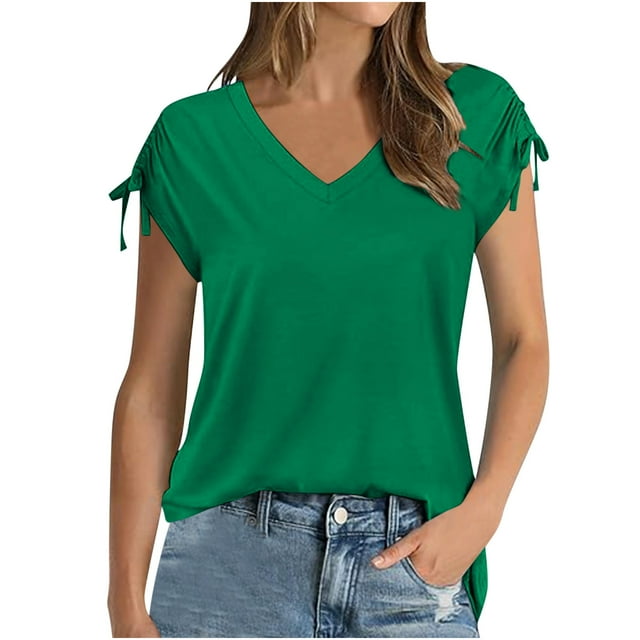 AherBiu Womens Tops V Neck Drawstring Short Sleeve Summer Casual Loose Tees Shirts Blouse Solid Color