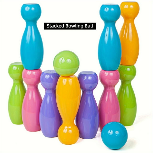 Colored Bottle Bowling Toy Set With 10 Bottles And 2 Balls, Flat Top Design That Can Be Stacked