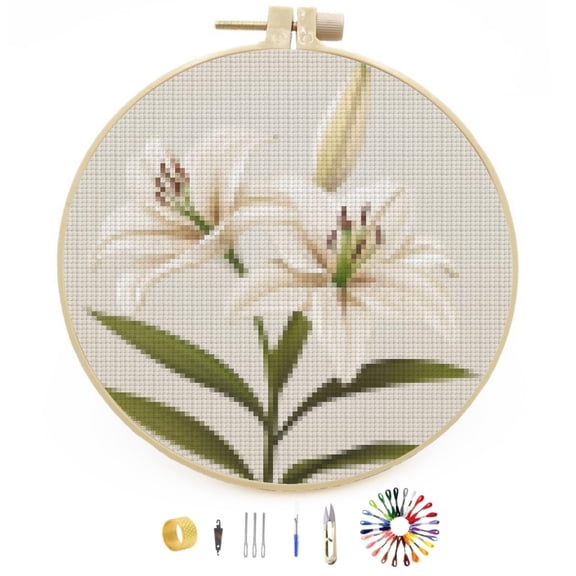 Lily Flowers Easy Stamped Cross Stitch Kits for Beginners with Hoop Simple Patterns 11CT Counted Embroidery Needlepoint Crafts Arts for DIY Enthusiasts and Home Decor 30x30cm(1)