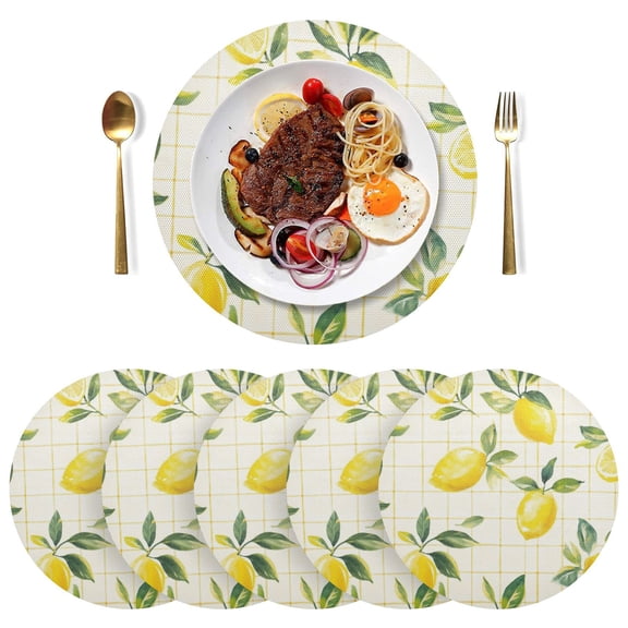 Round Placemats Plate Mats 15 Inch Non-Slip Heat Resistant Washable PVC Set Table Decoration for Kitchen Dining Lemons and Leaves