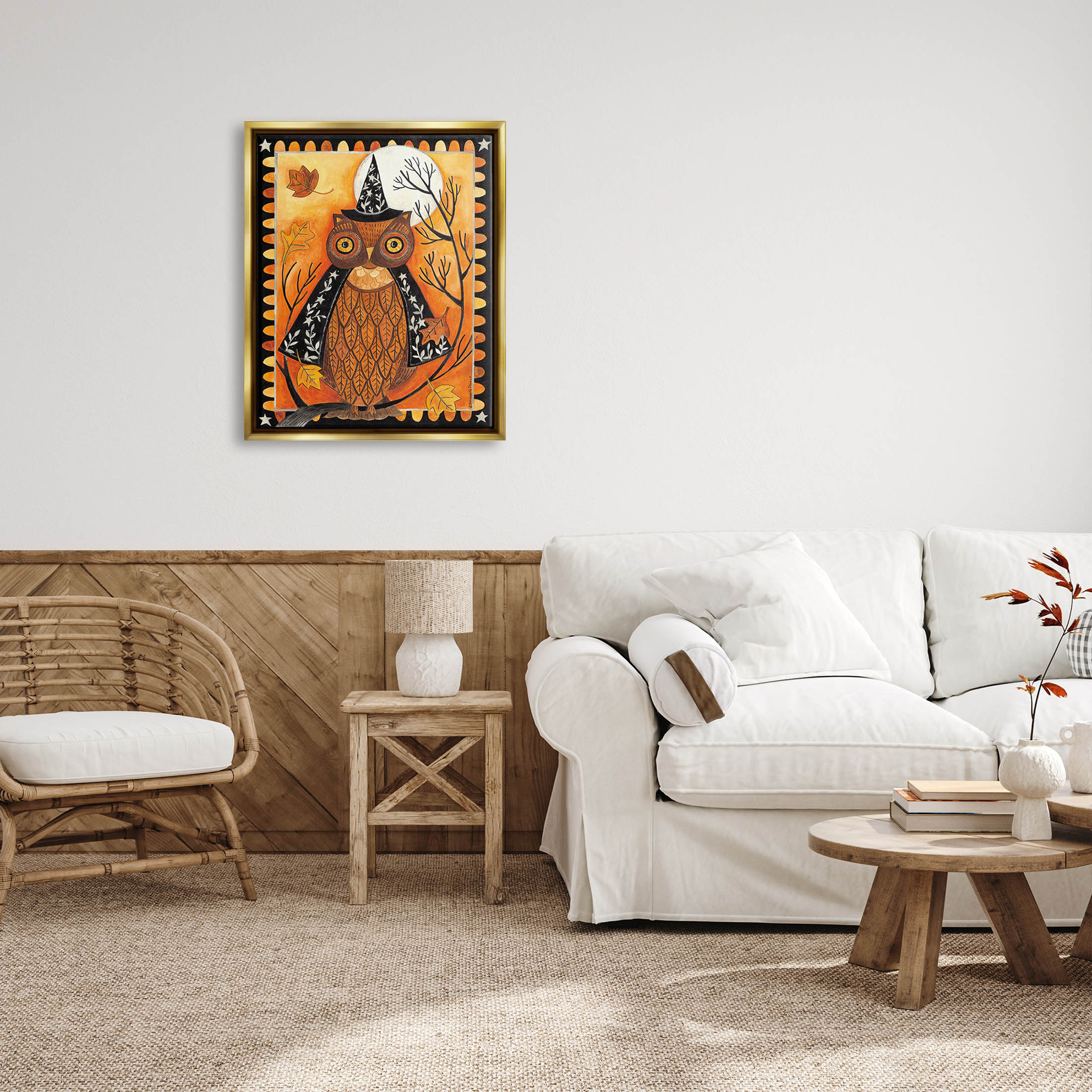 Seasonal Autumn Owl Moonlit Night Holiday Graphic Art Metallic Gold Framed Art Print Wall Art