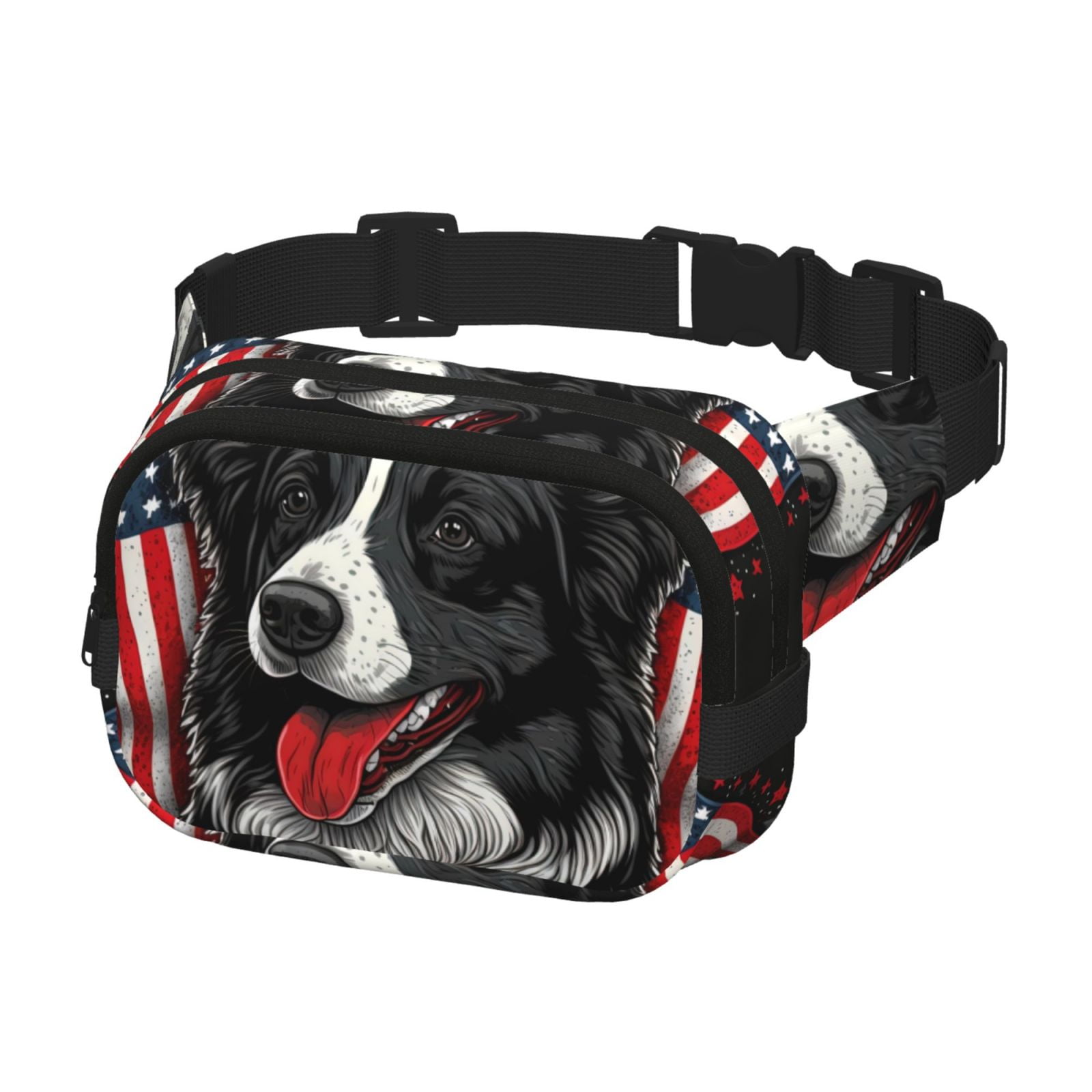 Rateoe Independence Day Collie Print Fanny Pack Belt Bag for Women and Men, Square Double-Layer Waterproof Waist Pack with Adjustable Strap for Hiking, Jogging, Cycling