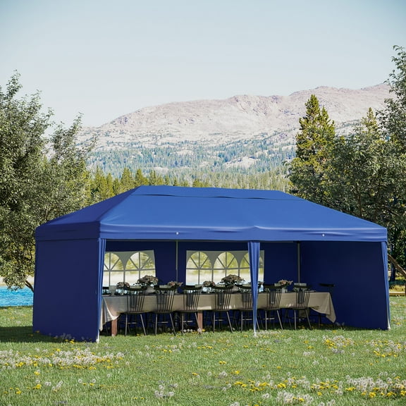 Outsunny 10' x 20' Pop Up Canopy Tent with 4 Sidewalls, Heavy Duty Tents for Parties, Outdoor Instant Gazebo with Carry Bag, for Outdoor, Garden, Patio, Blue
