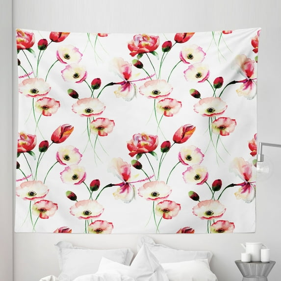 Nature Tapestry, Pattern with Poppy Flowers Branches Illustration Watercolor Painting Effect Print, Fabric Wall Hanging Decor for Bedroom Living Room Dorm, 5 Sizes, Multicolor, by Ambesonne