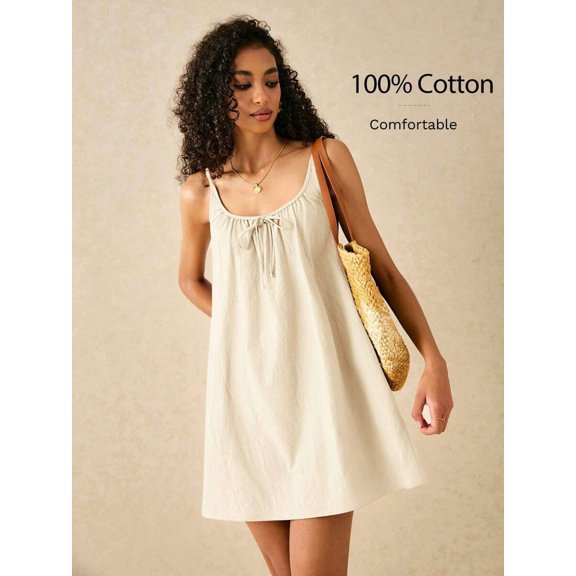 Apricot Cotton Mini Sundress For Women, Boho Spaghetti Strap Drawstring Bow Cami Dress