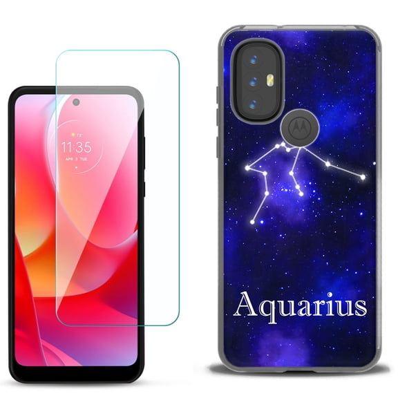 Slim-Fit Gel TPU Phone Case for Motorola Moto G Power 2022, with Tempered Glass Screen Protector, by OneToughShield ® - Zodiac / Aquarius