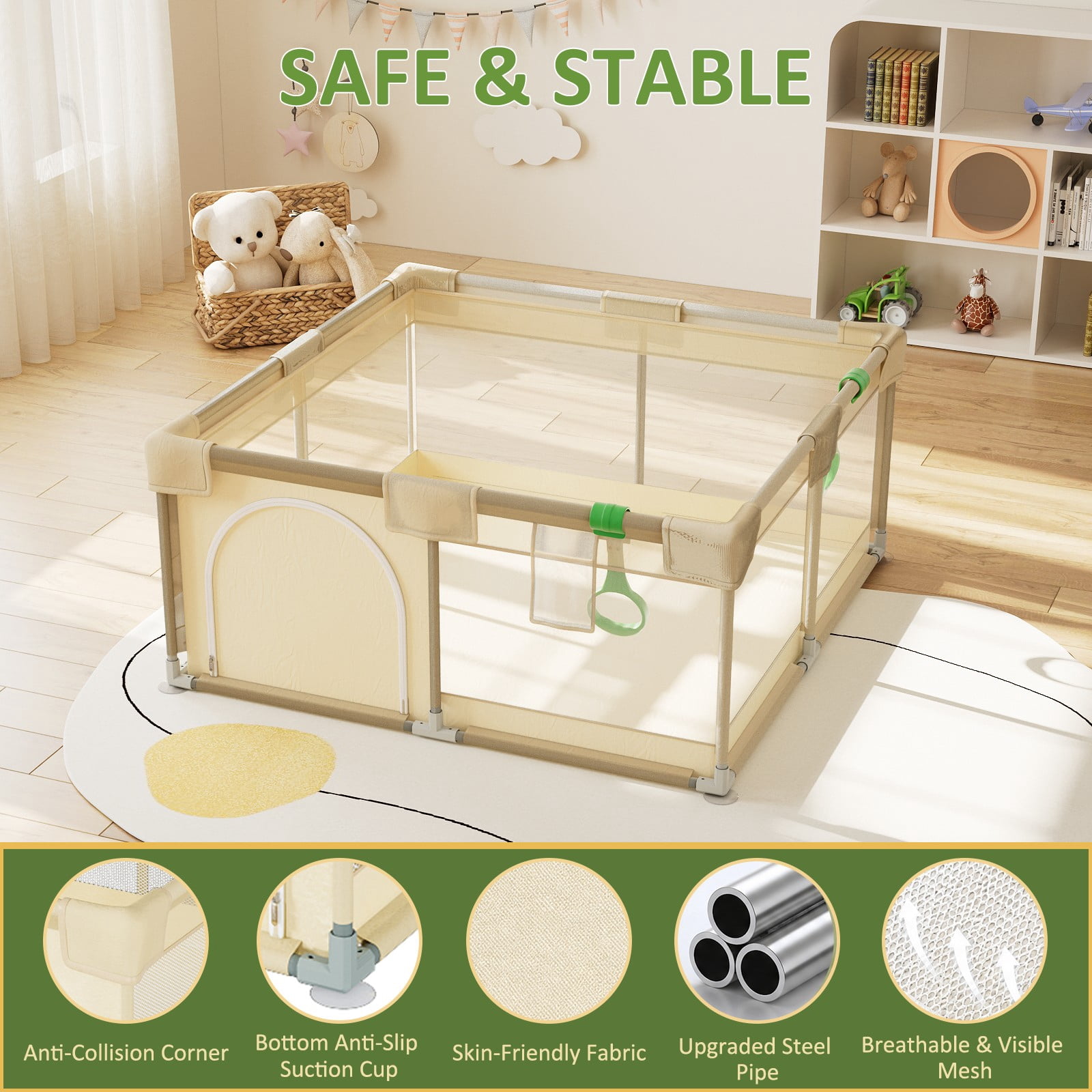BEAUTYPEAK 48"x48" Large Baby Playpen Toddler Play Yard Fence for Boys and Girls, Pale Yellow