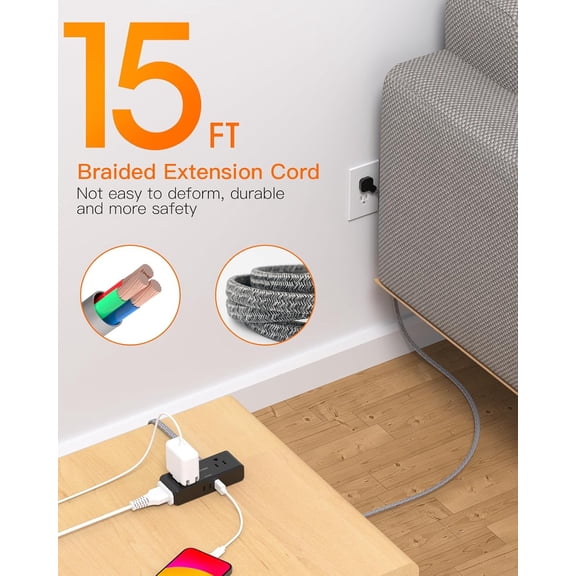 PYYAN-Extension Cord 15 ft, Flat Plug Power Strip, Long Power Strip, 4 Widely Outlets with 3 USB Ports (2 USB C), Extension Cord with Multiple Outlets for Home, Office, Dorm Room Essentials, Black
