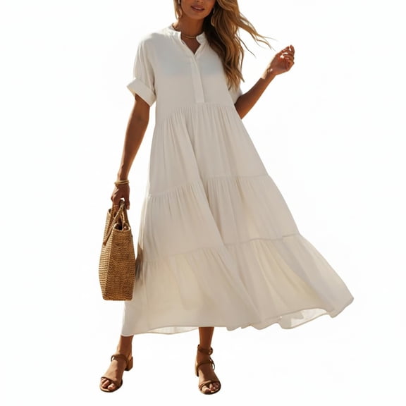 Laqbezok Women's V-Neck Tiered Midi Dress, Casual Short Sleeve Cuffed Summer Sundress, Loose Fit Ruffle Flowy Boho Gown