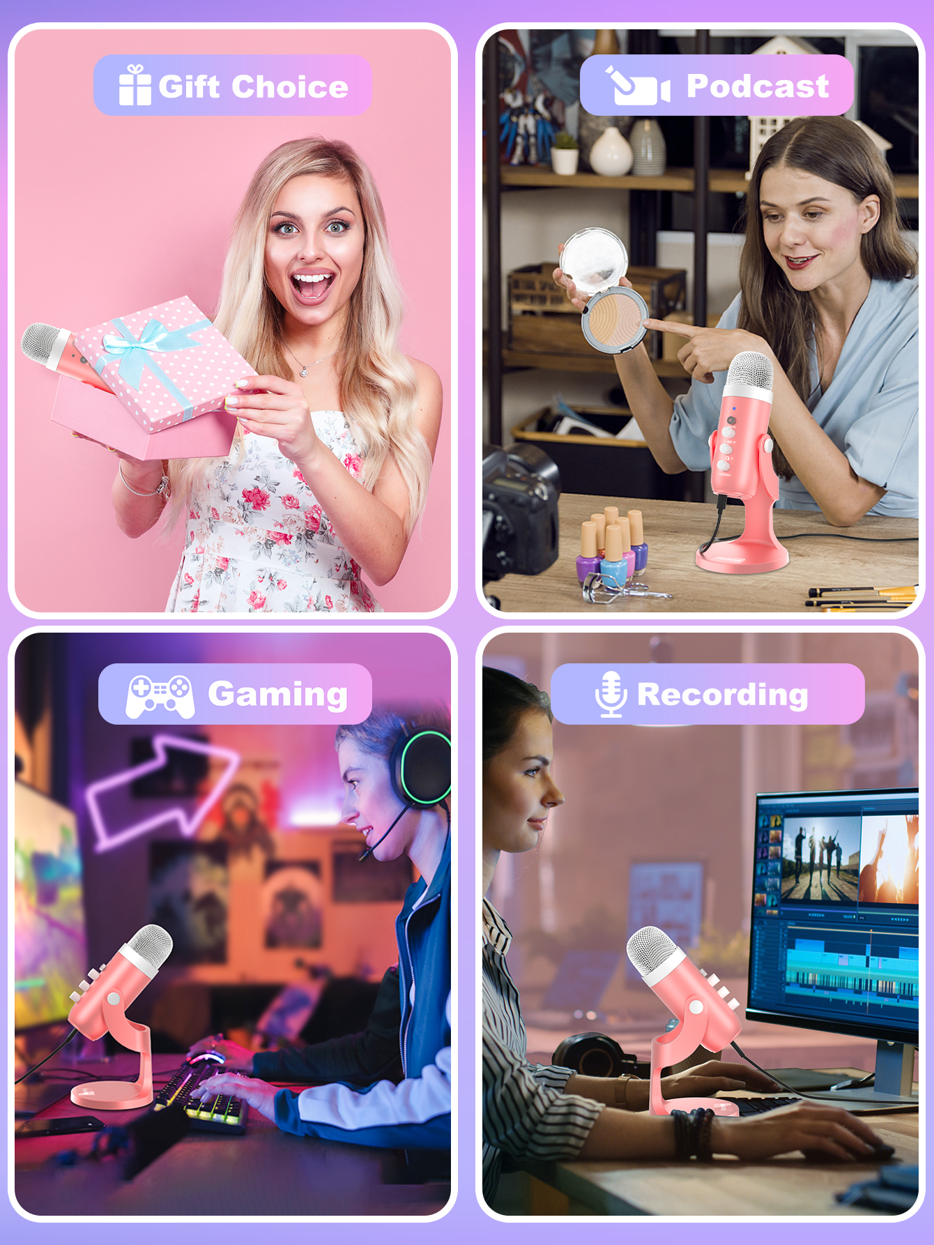 Haomuren Pink USB Gaming Microphone for PC/Phone/PS5, Studio Mic with Mute, Echo, Gain & Monitor Control for Streaming, Podcast, ASMR, Vocal