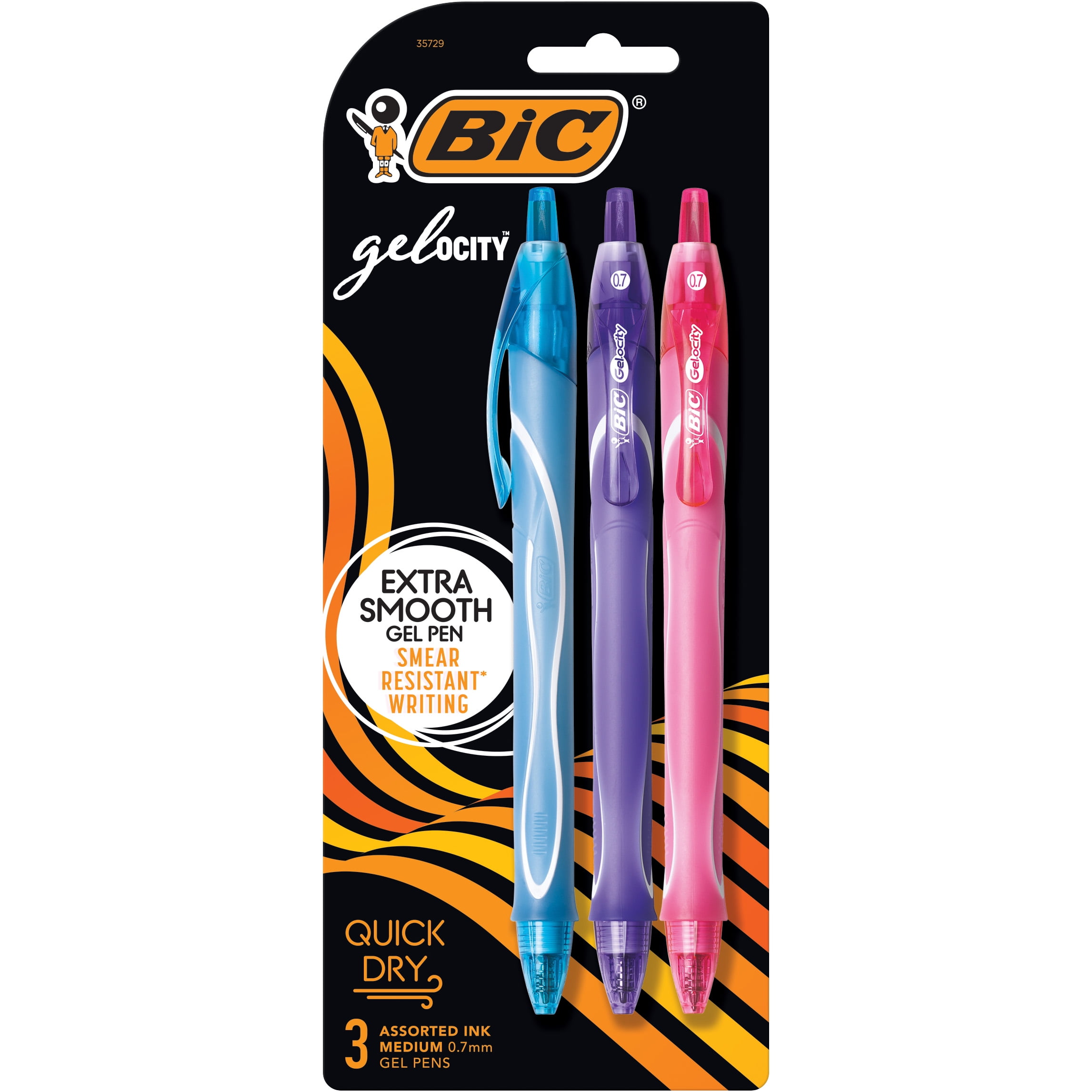 Lot of 4-3 pack BIC Gelocity Gel Pens 0.7mm Point Retractable.Pink,Blue,Purple. 