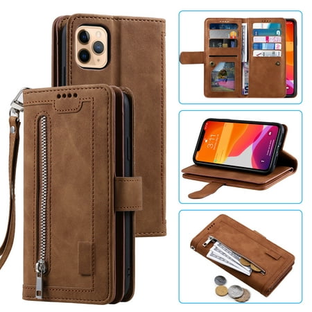 Dteck 9 Card Slots Wallet Case for Apple iPhone 13 Pro Max 6.7-inch,Hybrid Magnetic PU Leather Zipper Kicstand Shockproof Rubber Full Protector Cover with Strap,Brown