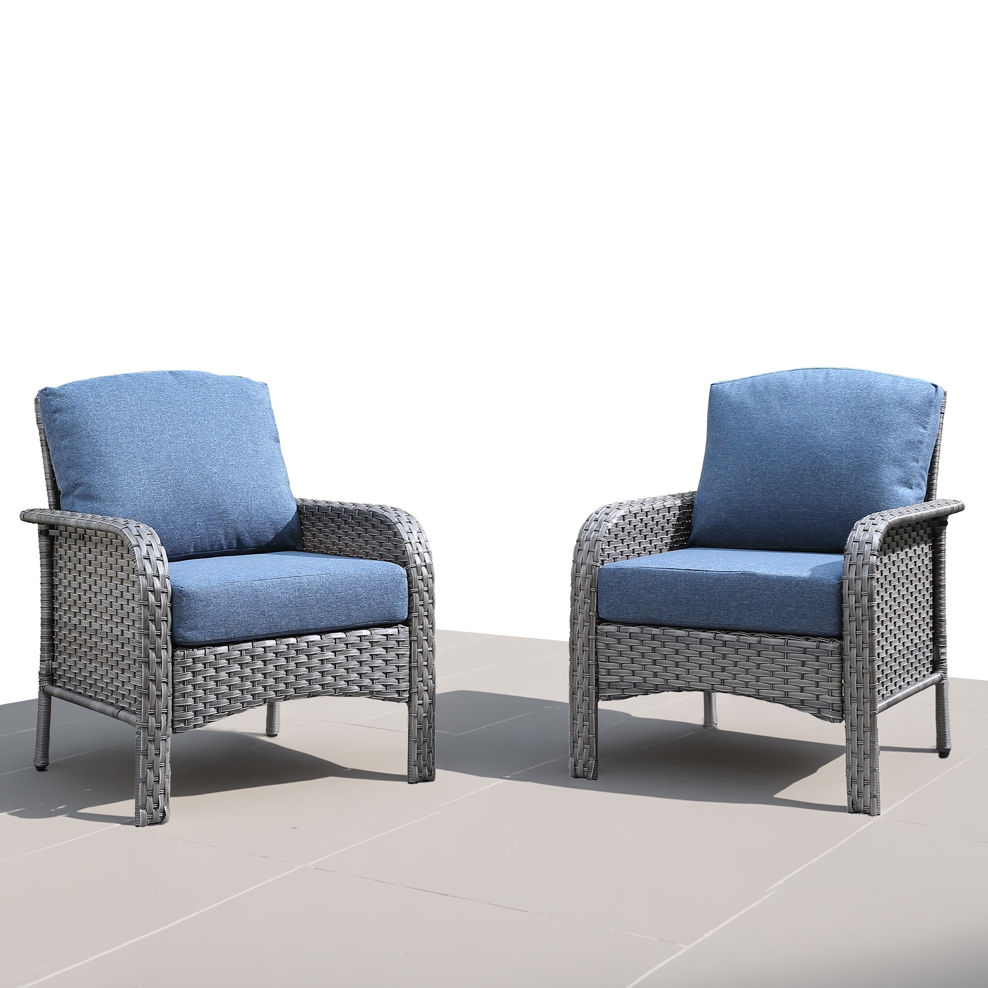 Ovios Patio Chairs Set of 2 All-Weather Wicker Patio Furniture Chairs Set Rattan High-Back Outdoor Armchairs with Cushions, Denim Blue