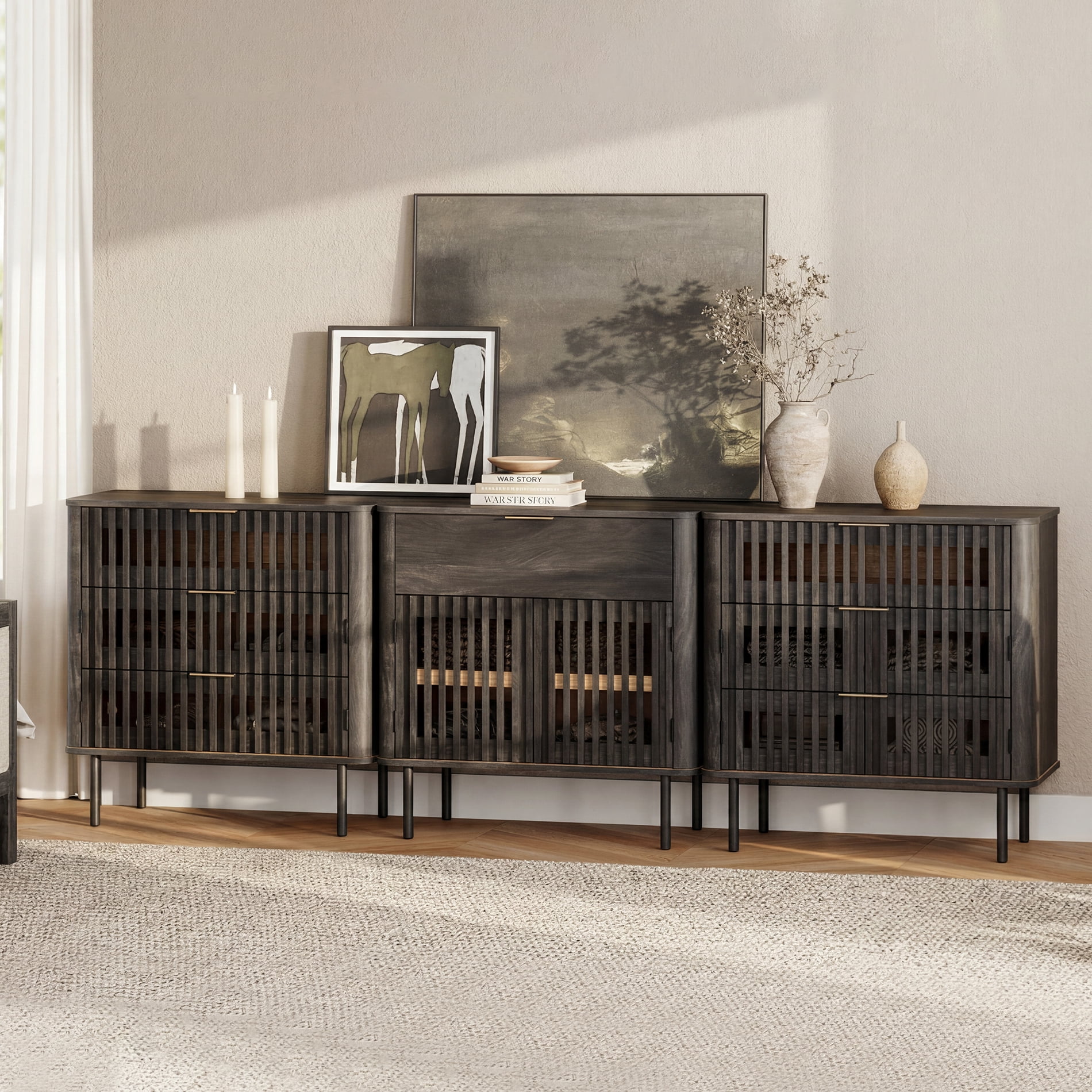 94.5 Inch Large Fluted Buffet Cabinet Sideboard with Storage, Pop-Up Doors & Adjustable Shelf, Wood Modern Accent Coffee Bar Console Table with Drawers for Kitchen, Living Room, Black