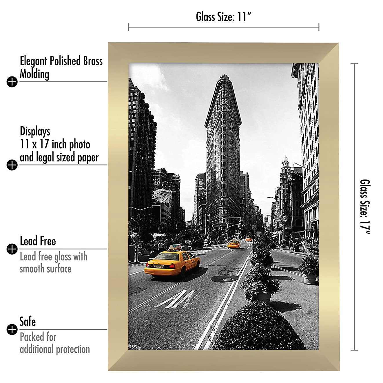Americanflat 11x17 Picture Frame, MDF wood and shatter-resistant glass, portrait and landscape display, Gold