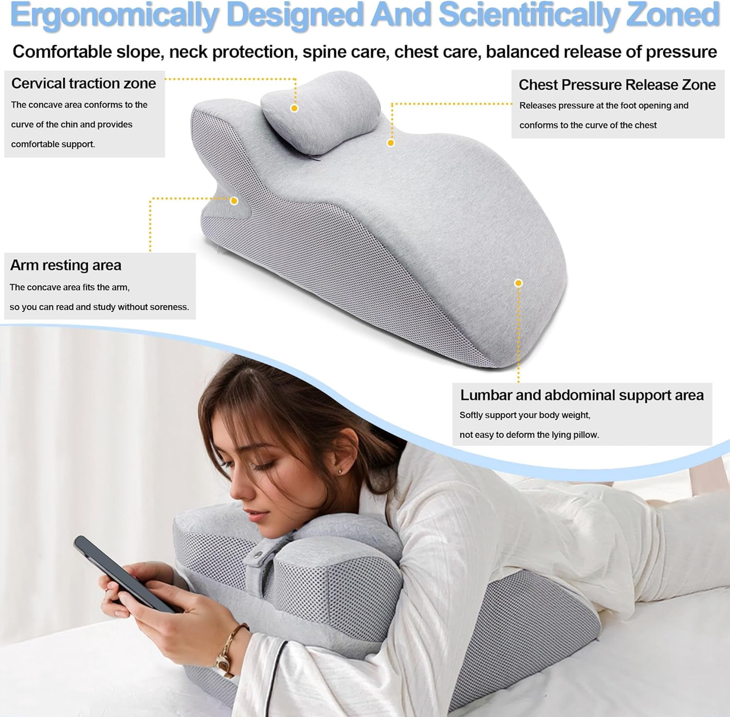 ShadeMart Light Grey Adult Ergonomic Memory Foam Bed Triangle Wedge Pillow Headboard with Face Down Massage Prone Pillow Function for Reading, with Washable Cover