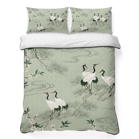 Quilts King Size Bedding Set, Japanese Cherry Blossom Lightweight Quilted Comforter, White Crane Green Pine Branches Soft Reversible Bedspread Coverlet with Pillow Covers for All Season, 96" x 106"