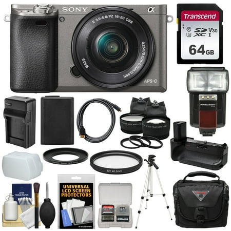 Sony Alpha A6000 Wi-Fi Digital Camera + 16-50mm Lens (Graphite) with 64GB Card + Grip + Battery + Charger + Case + Flash + Tripod + 2 Lens