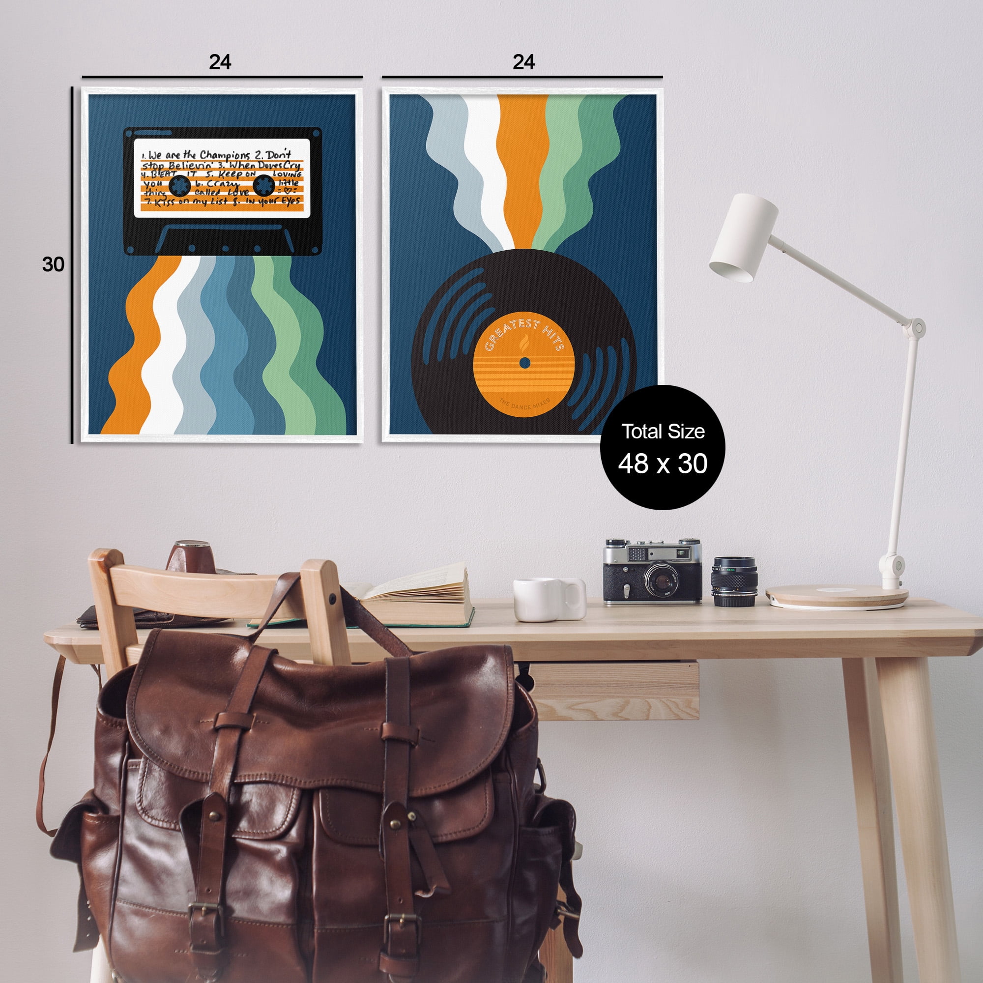 Stupell Industries Retro Music with Stripes Abstract Painting White Framed Art Print Wall Art, 24 x 30, Set of 2