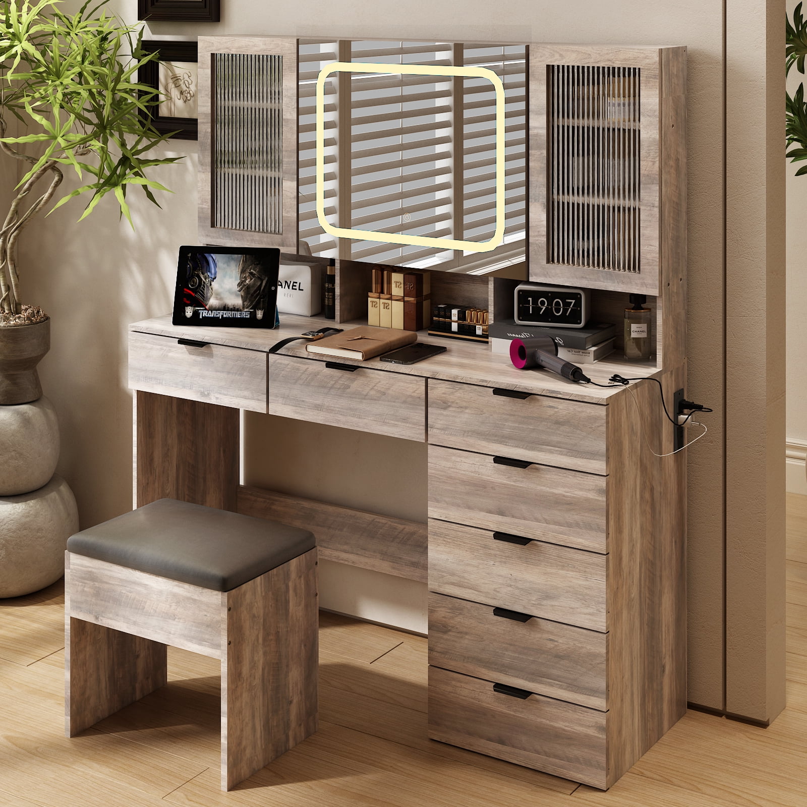 Ktaxon Large 47.24" Makeup Vanity Table Set with Hidden Storage, 7-Drawer Dressing Table, Bedroom Makeup Table, Gray