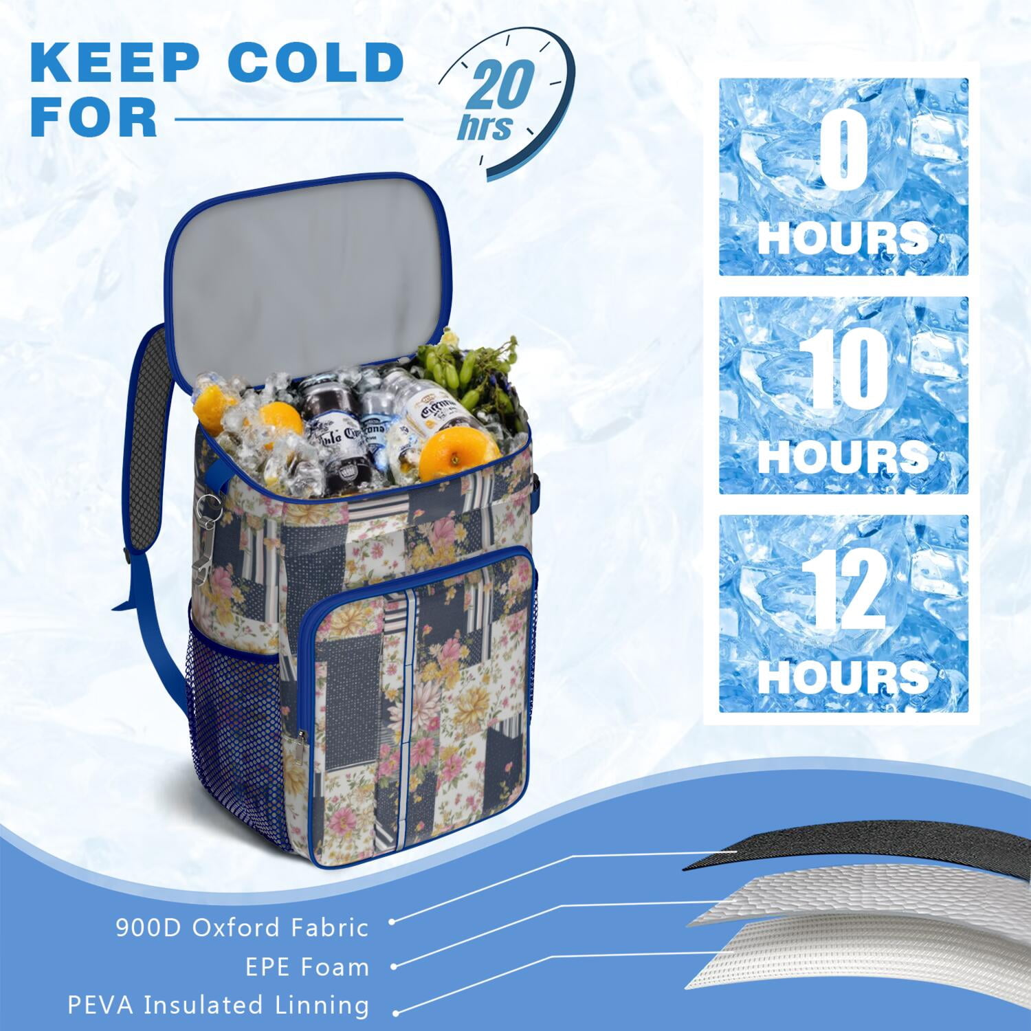 Travel Cooler Bag - Pioneer Flower Camping Beer Cooler Backpack with Bottle Opener- Waterproof Insulated Picnic Backpacks - Cooler Bag for Beach