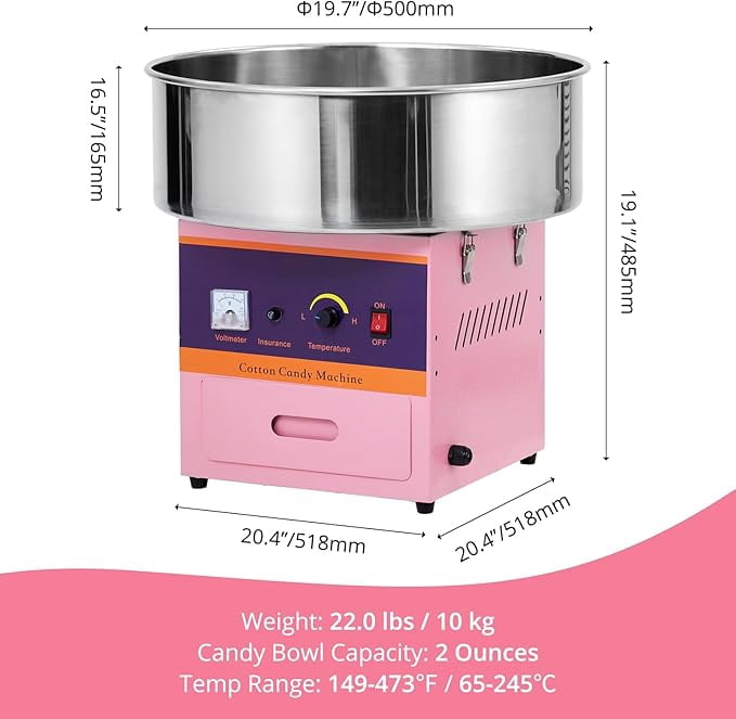 Cotton Candy Machine Commercial, 1000W Electric Cotton Candy Machine, Cotton Candy Maker with Stainless Steel Bowl, Sugar Scoop, Storage Drawer, Perfect for Family Party, Kids Birthday, Pink