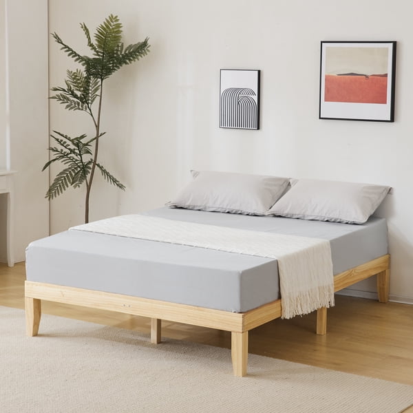 Alvantor Queen Size Solid Wood Platform Bed Frame with Poplar Slats in Natural Pine Finish