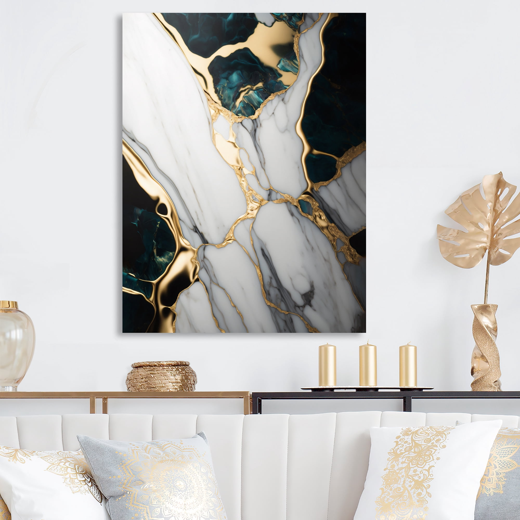 Designart Abstract Geode Gold And Green Marble I Canvas Wall Art