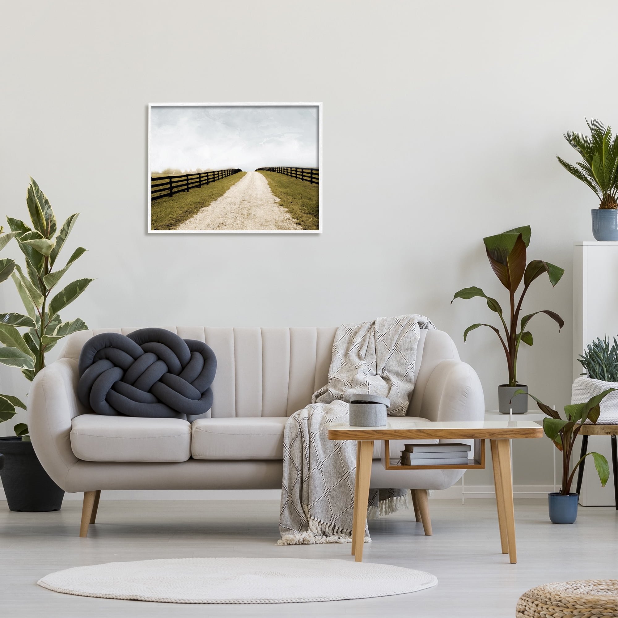 Stupell Industries Farmland Path with Fence Landscape Painting White Framed Art Print Wall Art, 30 x 24